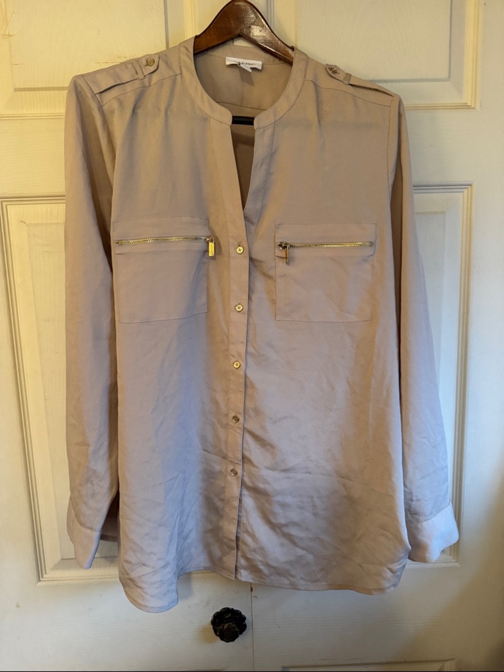 Calvin Klein Beige Taupe Long-Sleeve Button Front Shirt with Zip Pockets